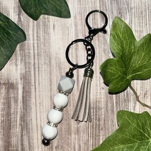 White and Gray Beaded Key Holder with Luxurious Tassel